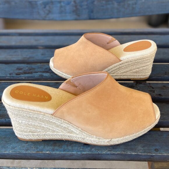 New Cole Haan Cloudfeel Wedge Sandal Women 11B US Tan Suede Open- Toe Espadrille - Picture 1 of 9